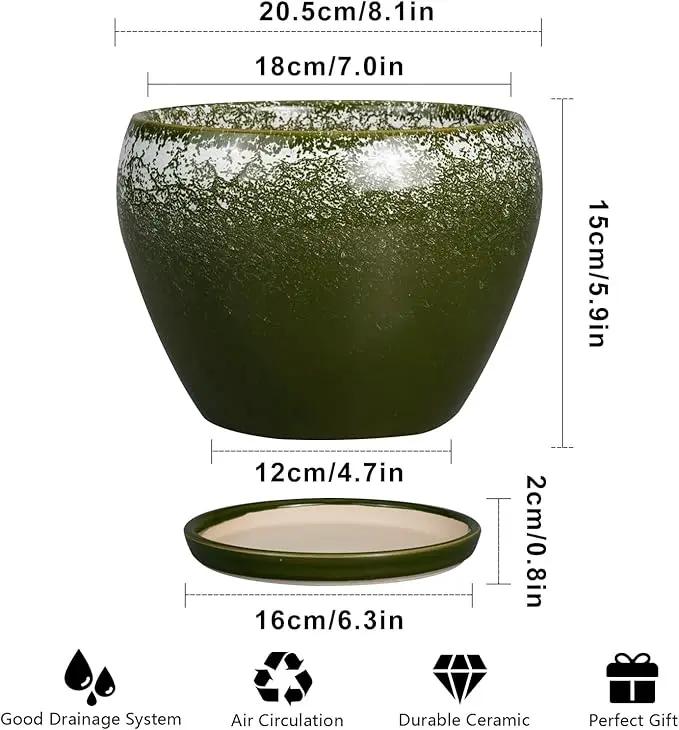 8 Inch Plant Pot - Ceramic Planter with Drainage Hole and Saucer, Modern Flower Pot for Glazed Indoor Plants Outdoor, Dark Green by GreenHaven Gardens