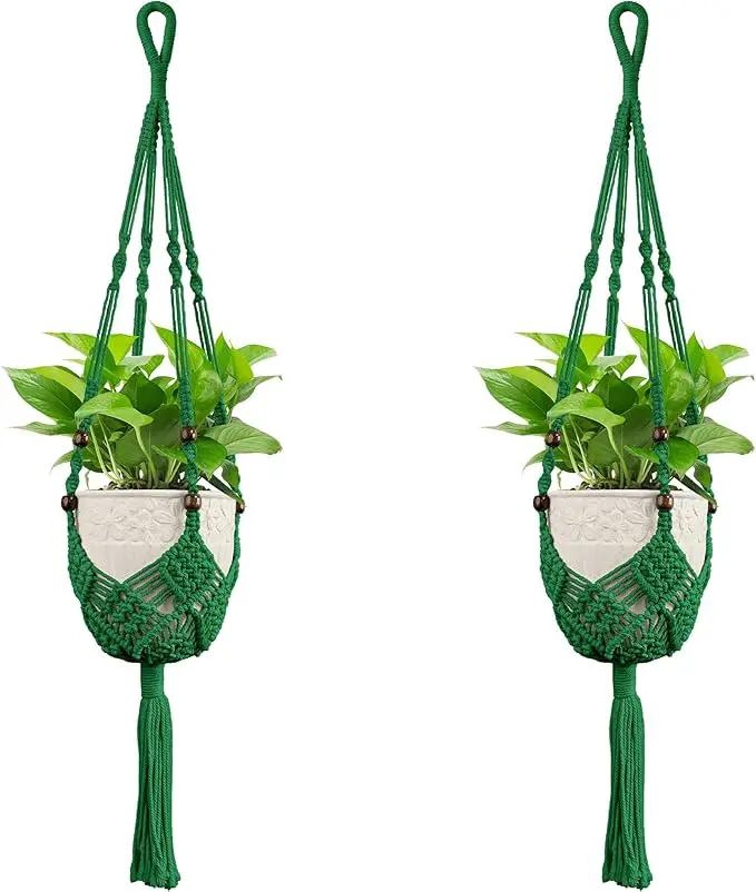 USLAI Macrame Handmade Basket Plant Hanger (2-Pack), for 3-8 Inch Pots, Indoor Outdoor Strong Hanging Planter Flower Pot Holder with Beads and Tassels, Boho Home Decor (POTS NOT Included) (Green) by GreenHaven Gardens