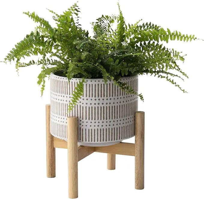 LA JOLIE MUSE Ceramic Plant Pot with Wood Stand - 7.3 Inch Modern Round Decorative Flower Pot Indoor with Wood Planter Holder, Beige and White by GreenHaven Gardens