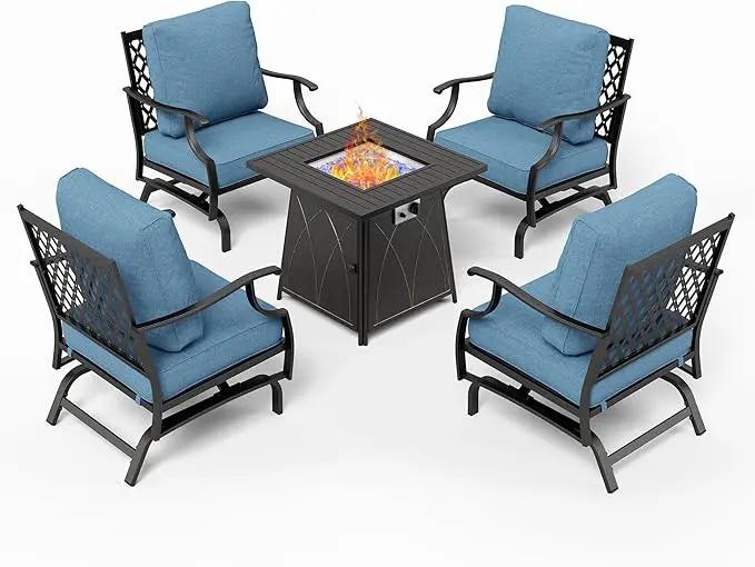Patio Furniture Set with Fire Pit Table, 5 Pcs Metal Outdoor Conversation Set, 4 Rocking Chairs with 5.75" Extra Thick Cushion and 28" Fire Pit Table for Backyard Deck, Navy Blue by GreenHaven Gardens