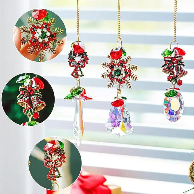 3 Pack Crystal Christmas Ornaments, Glass Rainbow Rhinestones Sun Catcher Prisms with Christmas Wreath Snowflake Bells,Suncatcher Hanging Crystal Pendants for Window Christmas Home Decor by GreenHaven Gardens