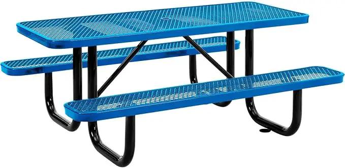 Global Industrial 6’L Rectangular Picnic Table, Expanded Metal, Blue Thermoplastic Coating, Attached Benches, 1-1/2” Umbrella Pole Hole, Outdoor-Rated, 1000 lb Capacity, 72” x 30” Tabletop by GreenHaven Gardens