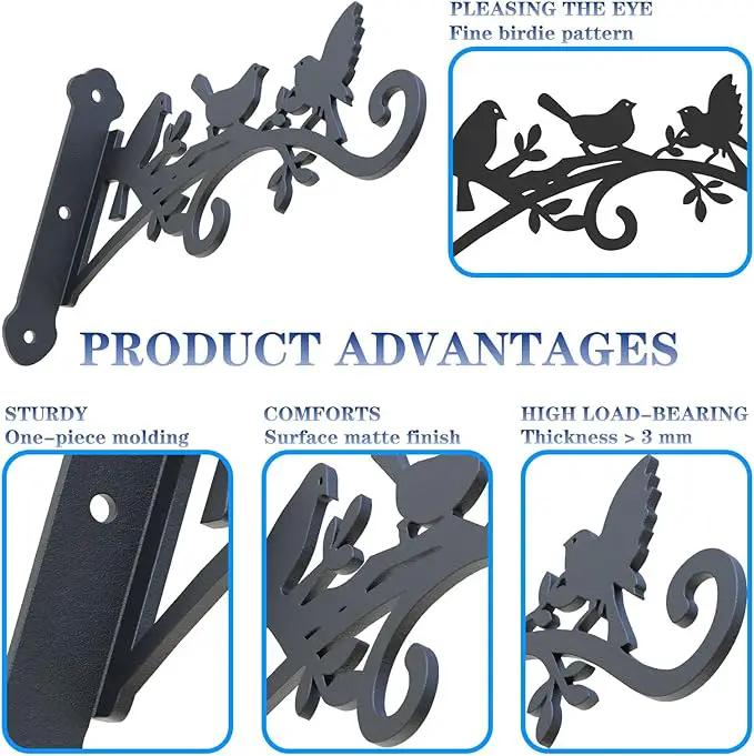 Metal Hanging Plant Bracket with Birdie Pattern 2 Pack – Heavy Duty Plant Hooks for Hanging Flower Baskets，Plants, Bird Feeder, Wind Chime - Indoor/Outdoor Use，Black Matte Texture (12 in) by GreenHaven Gardens