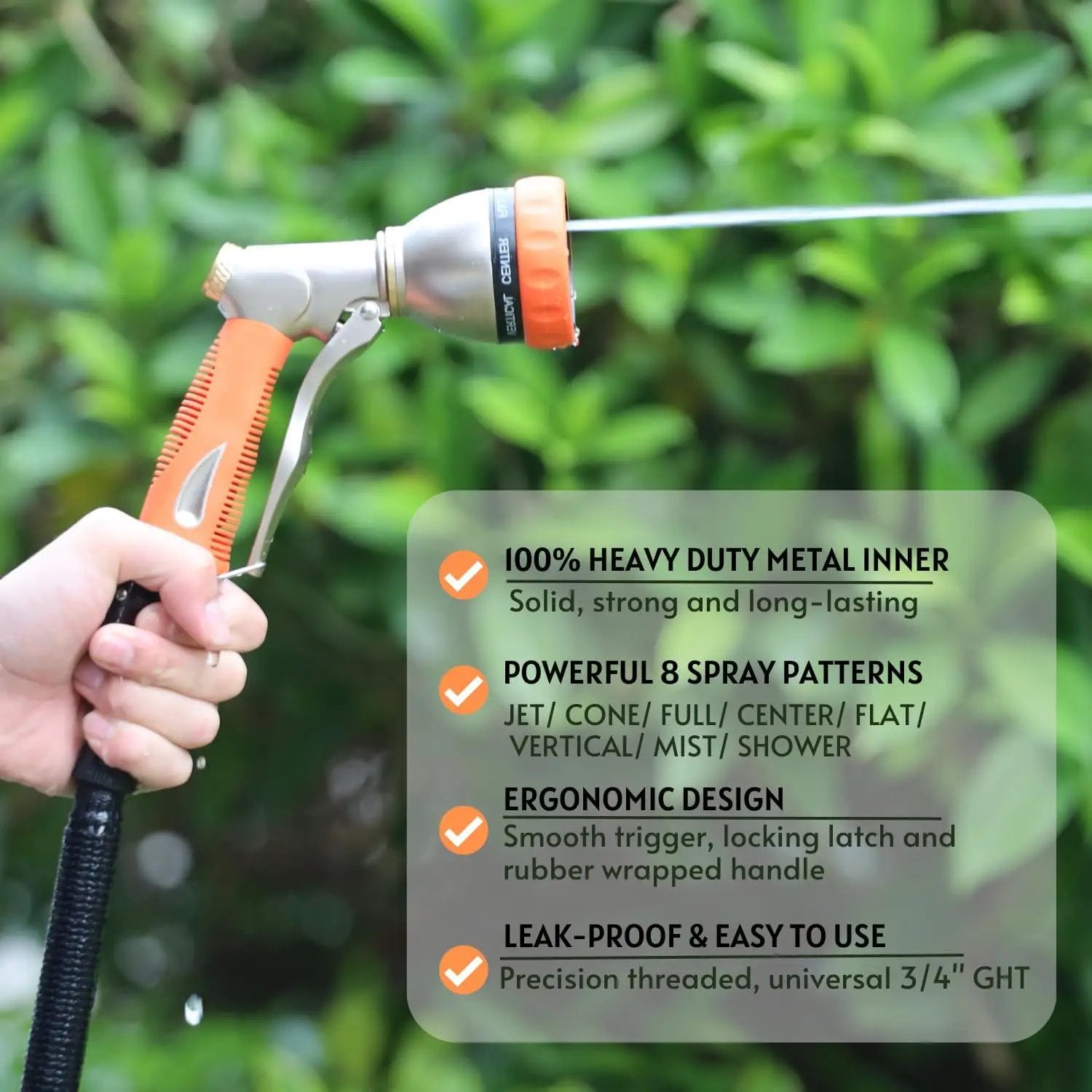 HOSUN Garden Hose Nozzle Sprayer Heavy Duty, 100% Metal Water Hose Nozzle with 8 Spray Patterns, High Pressure Hose Spray Nozzle with Non-Slip Grip for Watering Plant & Lawn, Washing Car & Pet, Orange by GreenHaven Gardens