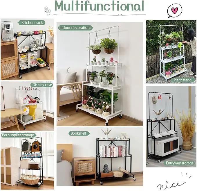 lumizone Foldable 4-Tier Plant Stand Indoor Outdoor Hanging Plant Shelf No Assembly Required Pot Placement Area With Wheels Sturdy Fall Prevention Storage Shelf Flower Pot Stand(4 Tier-White) by GreenHaven Gardens