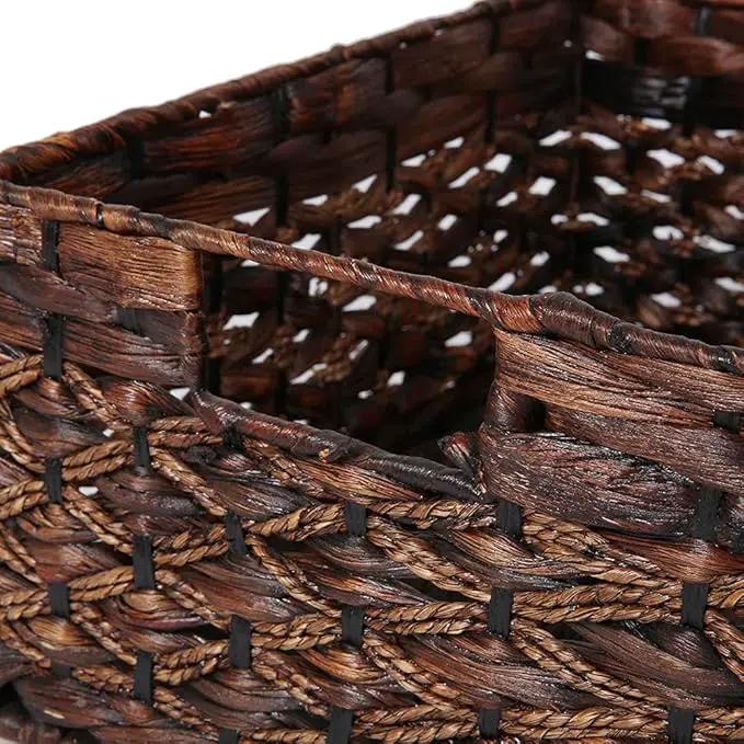 Rectangular Woven Water Hyacinth Basket,Dark Storage Basket With Inside Handle Shelves Kitchen Office Desk (Small) by GreenHaven Gardens