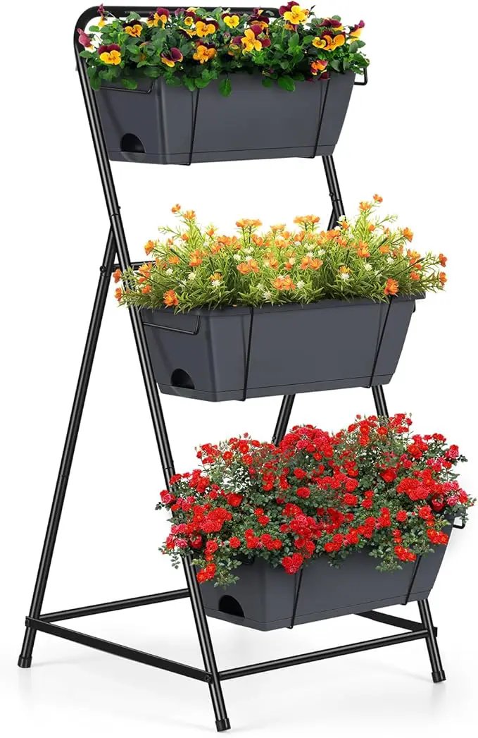 Vertical Garden Planter 3 Tier Raised Garden Bed Herb Planter Outdoor Standing Garden Planter Box with Drainage Holes Removable Tray for Patio Balcony Porch Grey by GreenHaven Gardens