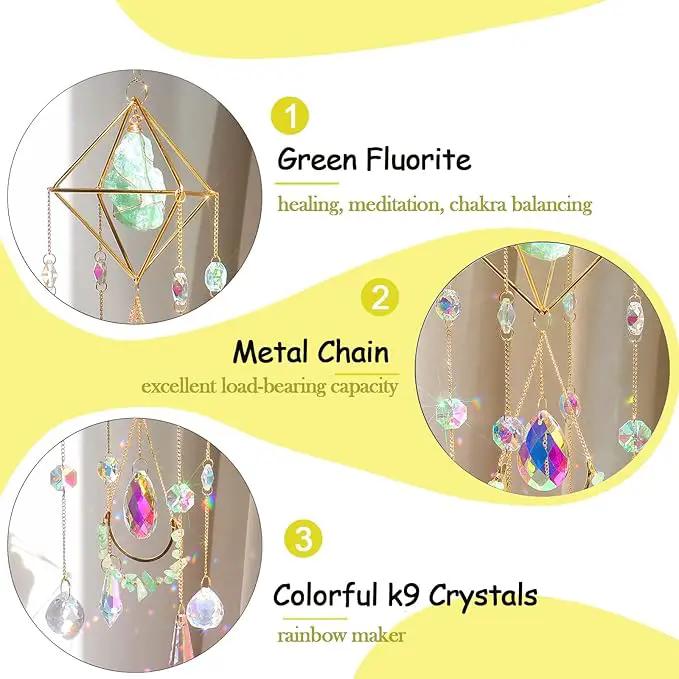 Green Fluorite Crystal Suncatcher Window Hanging Pendant Glass Prisms Decor Wind Chime Rainbow Sun Catcher for Home Garden Porch by GreenHaven Gardens