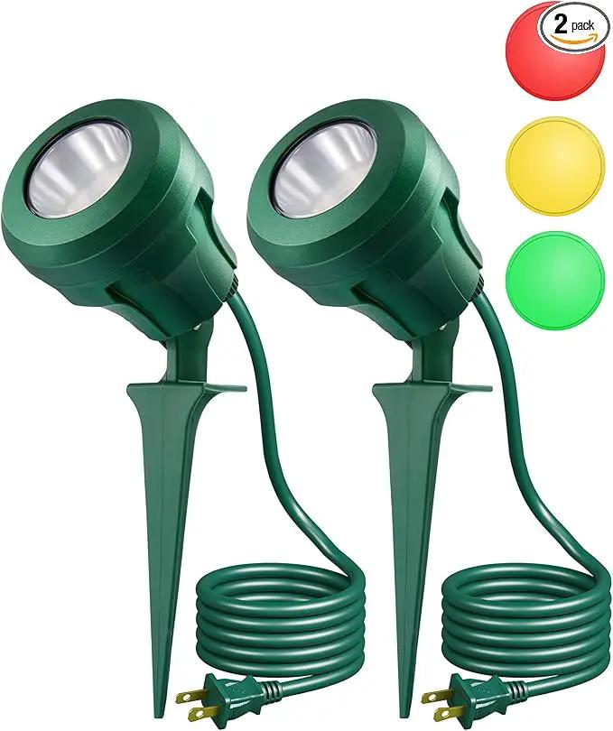 EDISHINE LED Outdoor Spotlights, 120V 4.8W Plug in Spot Light with 3 Lenses (Red Green Yellow), 180° Rotatable, 5000K, Waterproof Landscape Lighting for Flag Tree Garden, 2 Pack by GreenHaven Gardens