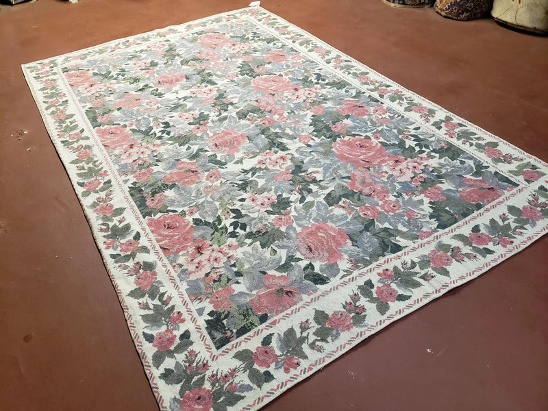 5x8 Needlepoint Rug 5' 4" x 8' 3" Wool Flat Weave Floral New Unused Carpet English Design Ivory Large Pink Flowers Green Leaves Hand-Knotted by Jewel Rugs