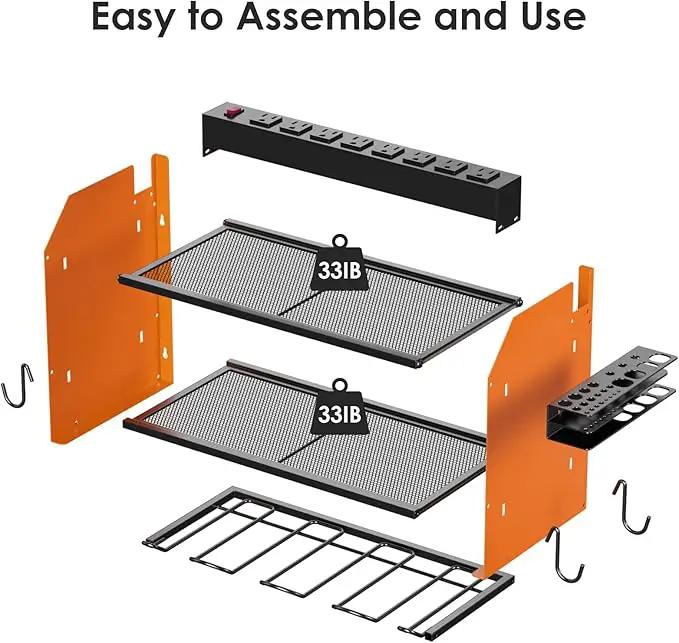 CCCEI Set Power Tool Organizer Wall Mount with Charging Station. Garage 4 Drill Storage Shelf with Hooks, Heavy Duty Metal Tool Battery Charger Organizer. Shop Utility Rack with Power Strip Orange. by GreenHaven Gardens