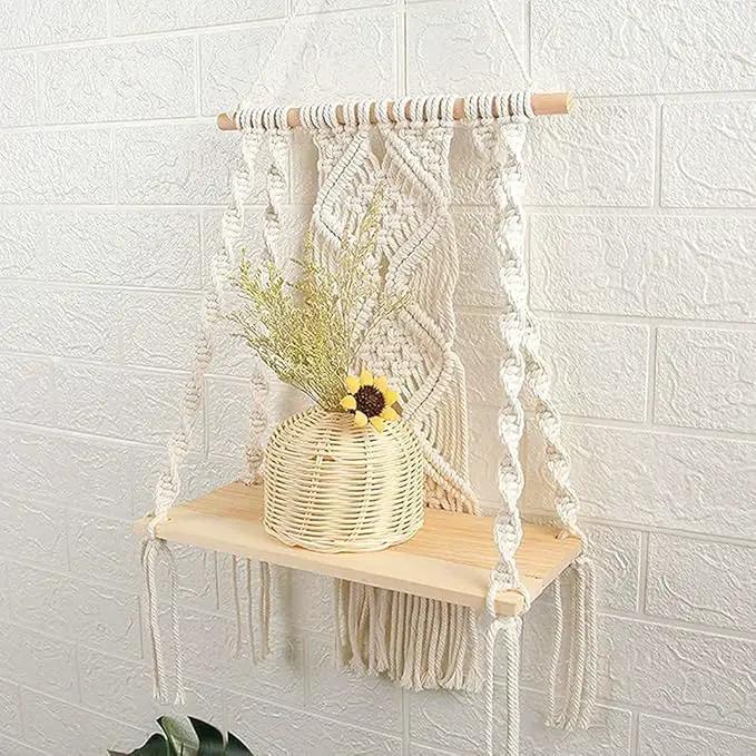 Mong Handmade Macrame Wall Hanging Shelf, Boho Indoor Rope Plant Pot Basket Hanger Holder, Rope Plant Hanger for Wall Decor Indoor Outdoor by GreenHaven Gardens