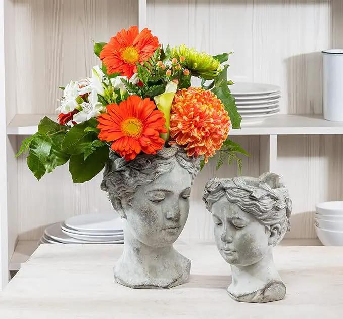Abbott Collection Goddess Head Planter - Large Cement Indoor and Outdoor Planter Pot - Grecian Woman Statue Head Planter for Flowers and Succulents - Grey (10" H, 4.5" Opening) by GreenHaven Gardens