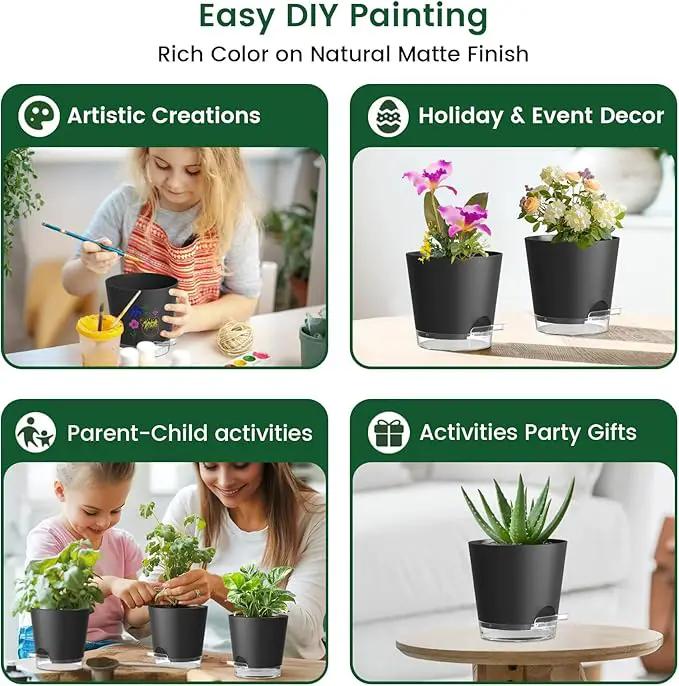 6 inch Self Watering Pots for Indoor Outdoor Plants, 6 Pack Flower Plant Pots with Drainage Holes and Clear Reservoirs, Visible Water Level, Plastic Planters with Wicking Rope, Black by GreenHaven Gardens