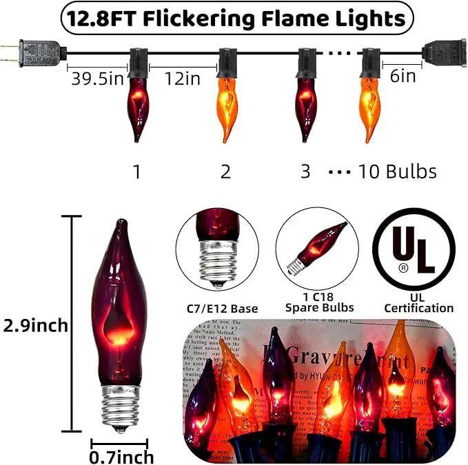 12.8Ft Halloween Decorations - Indoor/Outdoor Flickering Flame String Lights, Orange & Purple, 12 Pack C7 Flame Lights Bulbs by GreenHaven Gardens