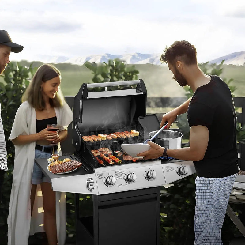 3 Burners Gas Grill with Side Burner, Propane Grill with Wheels and Storage, Outdoor Gas BBQ with Oil Tray and Thermometer for Patio and Party, 37000 BTU by GreenHaven Gardens