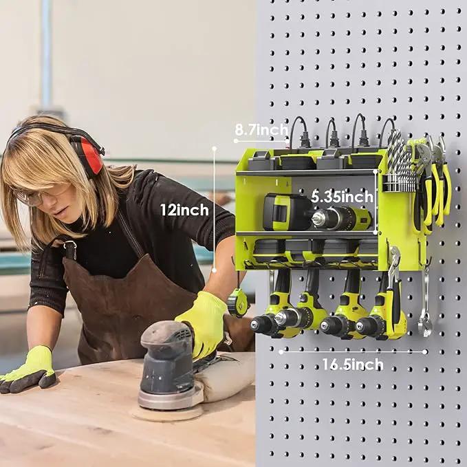 CCCEI Modular Power Tool Organizer Wall Mount with Charging Station. Garage 4 Drill Storage Shelf with Hooks, Screwdriver, Drill Bit Heavy Duty Rack, Tool Battery Holder Built in 8 Outlet Power Strip. by GreenHaven Gardens