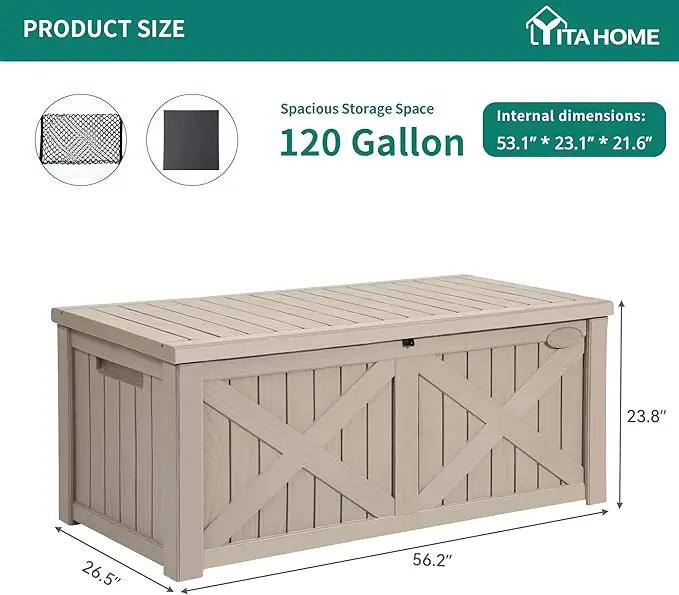 YITAHOME 120 Gallon Large Deck Box, Upgraded Resin Outdoor Storage Boxes w/Flexible Divider, Waterproof Cushion Storage Bench for Patio Furniture, Pool Supplies, Garden Tools - Lockable, Taupe by GreenHaven Gardens