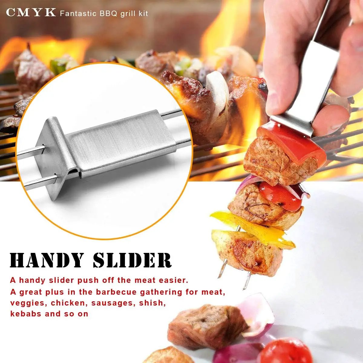 CMYK Barbecue Skewers, 6-Pack 13" Stainless Steel Grilling Skewers with Slider, Reusable Metal BBQ Shish Kabob Skewers Sticks by GreenHaven Gardens