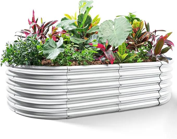 Land Guard Galvanized Metal Raised Garden Bed Kit, 8x4x1.5ft Large Planter Boxes Outdoor, Oval Gardening Box, Patio Garden Planter Box for Vegetables (Silver) by GreenHaven Gardens