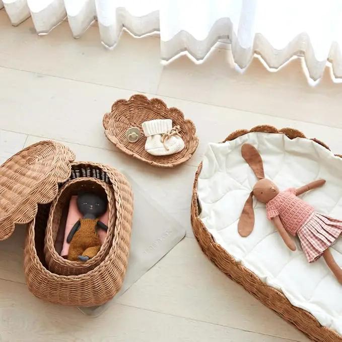 BEBE BASK The Original Scalloped Basket Set Of 2 - Small Scallop Basket - 15 x 10 x 6 In - Hand-Woven & Award-Winning - Elegant Wicker With Scalloped Edge Lid - Nursery Storage - (Mocca)