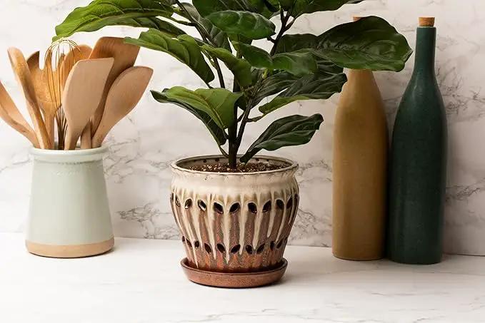 rePotme 6" Pinwheel Fluted Ceramic Plant Pot (Honey Cream Over Coffee) - - Includes Free 6 inch Slotted Pot Liner - Great for Orchids, Succulents, and All Indoor Plants by GreenHaven Gardens