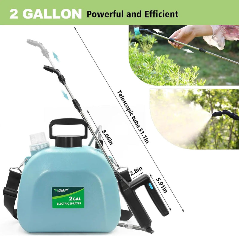 Battery Powered Sprayer 2 Gallon, Upgrade Powerful Electric Garden Sprayer with 3 Mist Nozzles, Rechargeable Handle, Retractable Wand, Adjustable Shoulder Strap for Lawn,Garden,Cleaning by GreenHaven Gardens