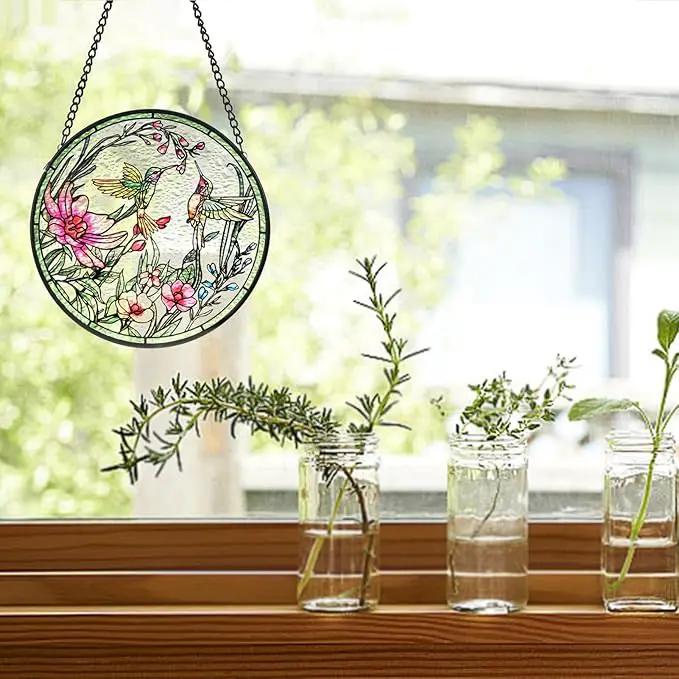 Remiawy Stained Glass Window Hanging Hummingbird Window Suncatcher 6 Inch Glass Panel with Metal Chain and Hooks Sun Catchers Indoor Wall Art Home Decor Gift for Bird Lovers Women Mother's Day by GreenHaven Gardens