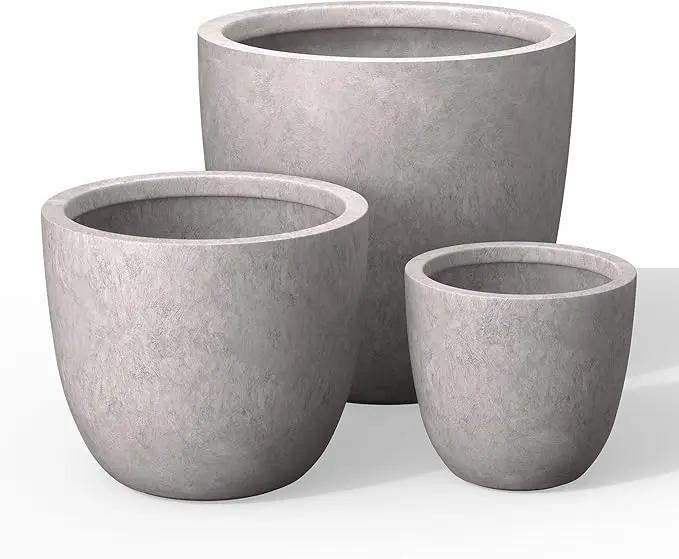 Kante 18",14",10" Dia Concrete Round Planters (Set of 3), Outdoor Indoor Large Planter Pots with Drainage Hole and Rubber Plug for Home Patio Garden, Light Gray by GreenHaven Gardens