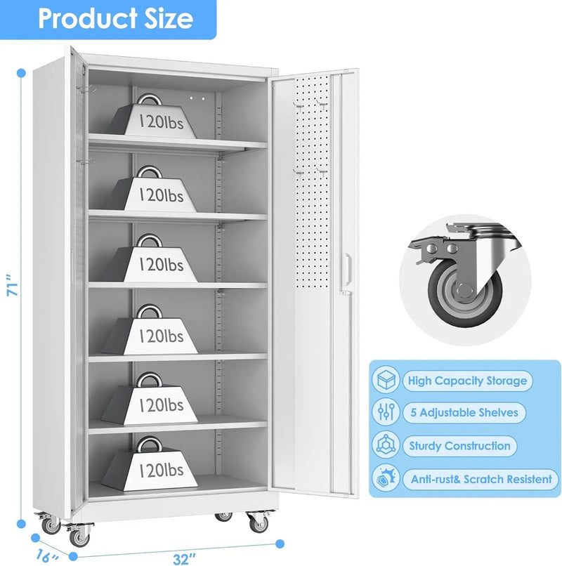 Metal Garage Storage Cabinet with Wheels & Pegboard, Lockable Metal Storage Cabinets with 2 Doors&5 Adjustable Shelves for Garage&Home,Assembly Required,White 71''H x32''W x16''D by GreenHaven Gardens