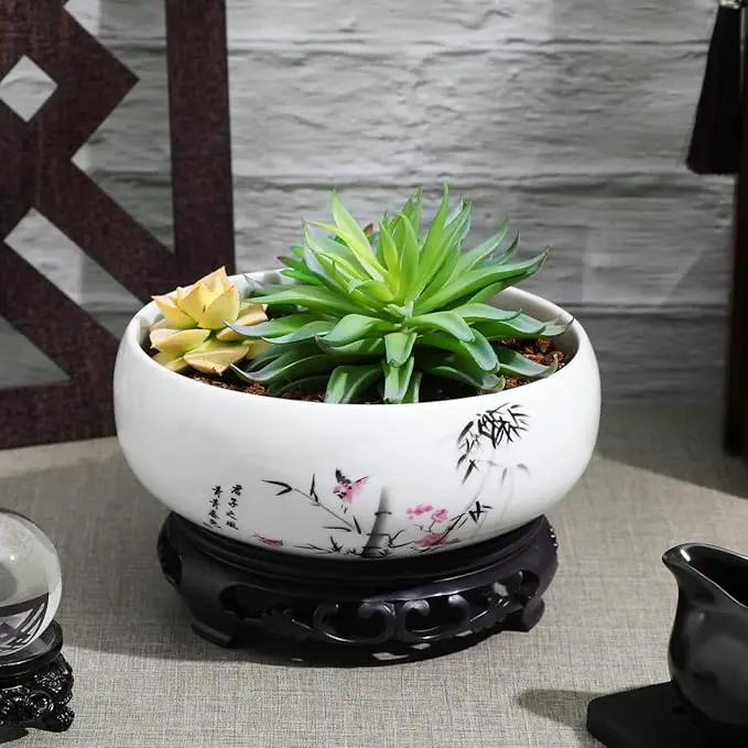 Ceramic Chinese Pot with Base Hydroponic Pot White Water Lily Bowl Ceramic Planter for Home Office Garden 7 Inch by GreenHaven Gardens