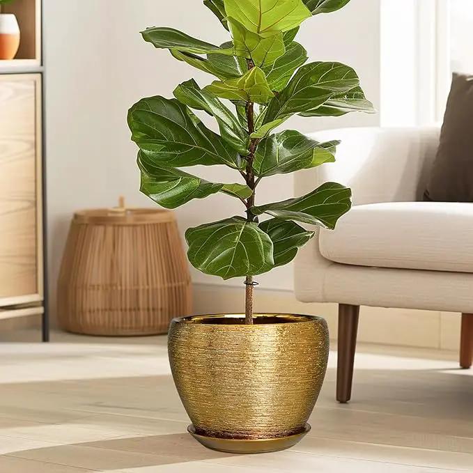 Ceramic Plant Pot 8 Inch - Planter for Outdoor Plants Indoor Plant Pot with Drainage Hole and Saucer Decorative Round Planter Modern Flower Pot for House Decor Gold by GreenHaven Gardens