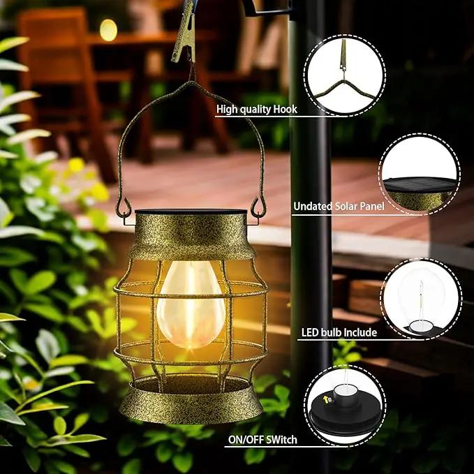 Solar Lantern 2 Pack Solar Outdoor Lights Metal Hanging Lights for Outside Waterproof Retro Design with Edison Bulb Decorative for Patio Porch Fence Garden Lawn by GreenHaven Gardens