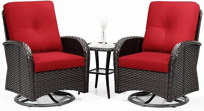 Joyside Outdoor Swivel Rocker Chairs, 3 Piece Wicker Patio Set with Thick Cushion and Side Table, Rattan Patio Swivel Rocking Chairs for Porch, Deck Use (Brown/Red, 3 PCS) by GreenHaven Gardens