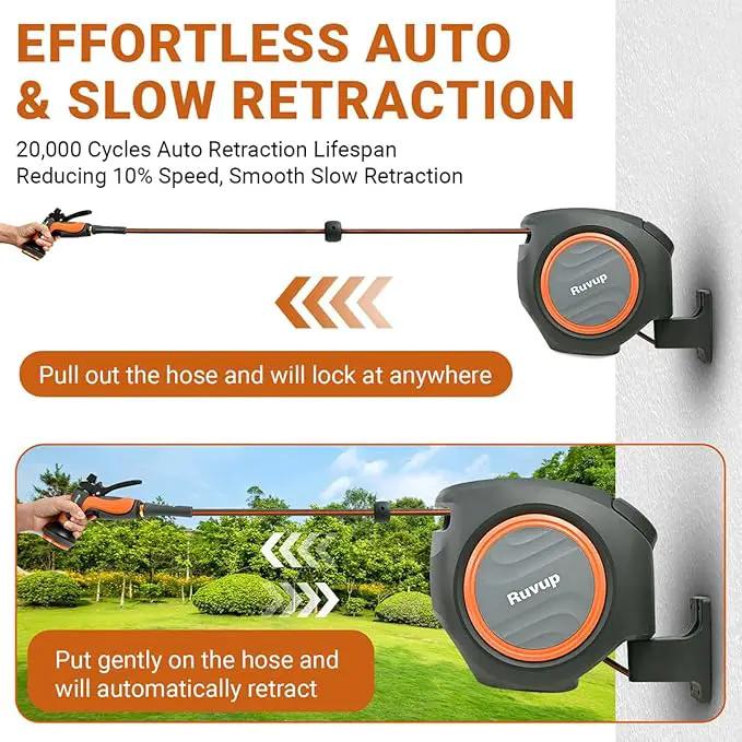 Ruvup Retractable Garden Hose Reel, 5/8in x 100ft Water Hose Reel with Metal Bracket, UV Resistant Automatic Hose Reel Wall Mount for Outside, Slow Retraction Any Length Lock 10 Spray Nozzle by GreenHaven Gardens