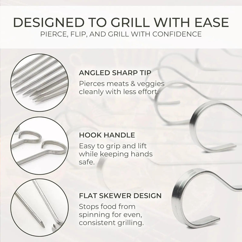O-Yaki Flat Metal Kabob Skewer for Grilling – Set of 8 BBQ Skewers Stainless Steel with Storage Bag, Dishwasher Safe Skewers with Hook Handle & Sharp Tip for BBQ, Cookouts & Oven Use – 12 Inch by GreenHaven Gardens