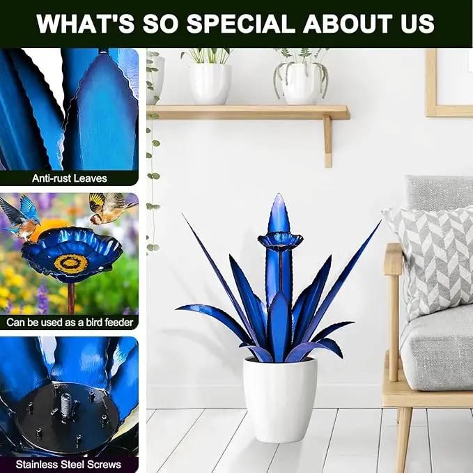 Upgraded Large Metal Yard Art, Metal Agave Plant Yard Decorations Outdoor Sculpture, Metal Flowers for Outside, Waterproof Outdoor Garden Decor (Blue+ Bird Feeder) by GreenHaven Gardens