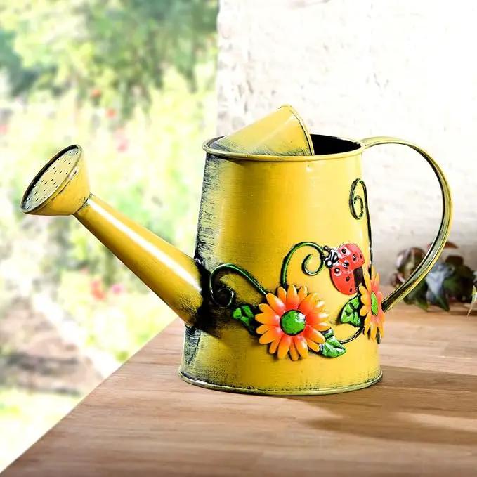 Decorative Sunflower & Ladybug Metal Watering Can (Vol: 4 Cups) | Small Yellow Watering Can | Garden Décor Housewarming Gift for Mother Women Friends Gardeners by GreenHaven Gardens