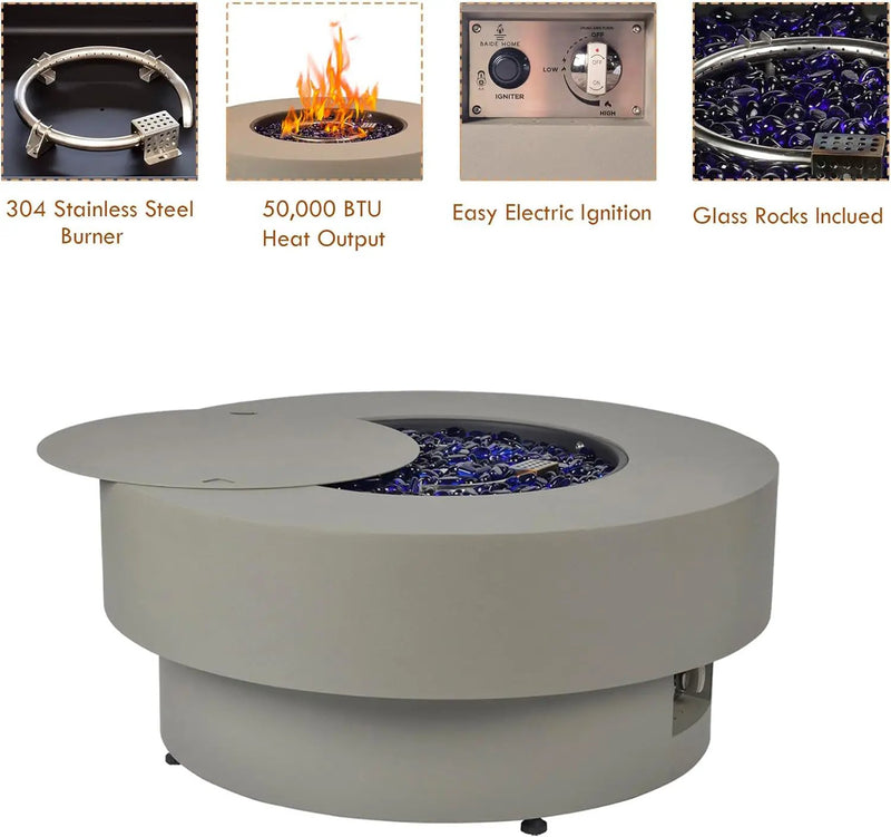 32.5-inch Outdoor Gas Fire Pit with 20lb Propane Tank Cover Table, 50,000BTU Propane Gas Fire Pits for Outside Patio w/Round Burner Lid, Glass Rocks, Pre-Attached 10ft External Gas Hose by GreenHaven Gardens