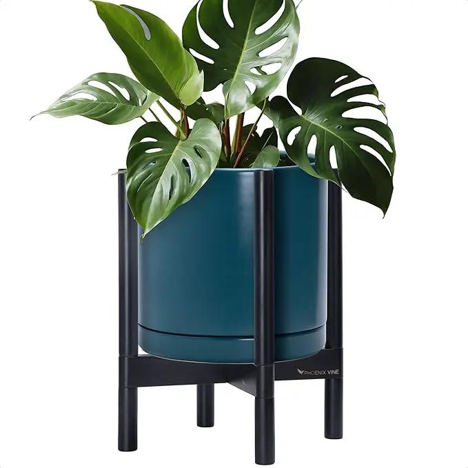 D'vine Dev Ceramic Planter with Ebony Stand - 12 Inch Modern Round Flower Pot with Wood Planter Holder, Teal, 55-B-H-4 by GreenHaven Gardens