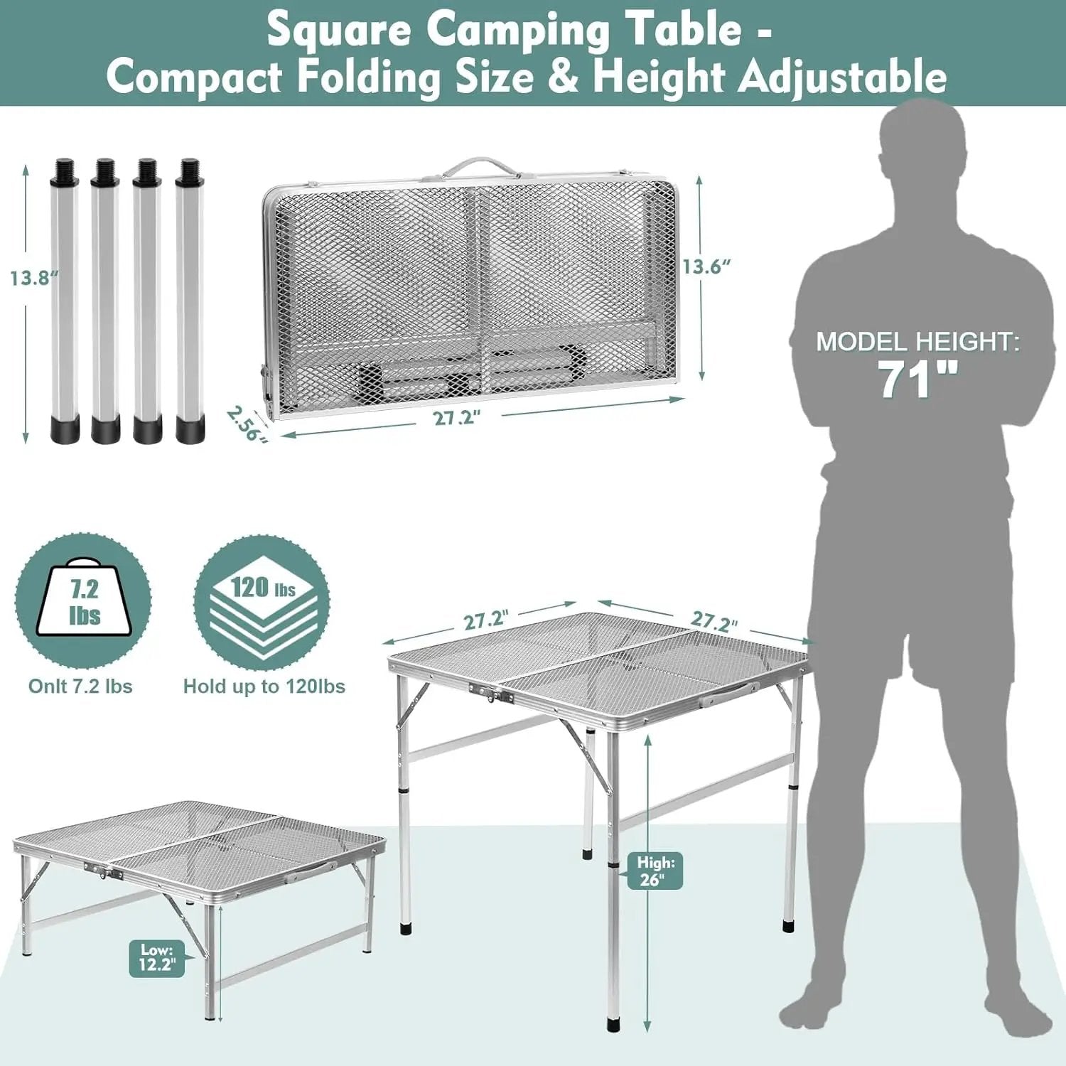 Square Folding Table, Easy for Storage, Compact and Portable Picnic Table for Grill, Outdoor Camping, Garden, Patio, Dining, BBQ, Party, Market and Card Table, 27.2 L × 27.2W inches by GreenHaven Gardens