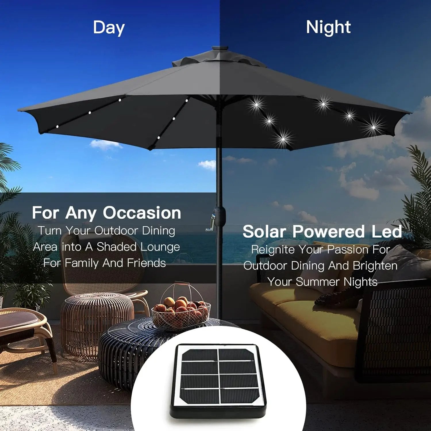 Sunnyglade 9' Solar LED Lighted Umbrella with 8 Ribs Adjustment and Crank Lift System for Patio (Grey) by GreenHaven Gardens