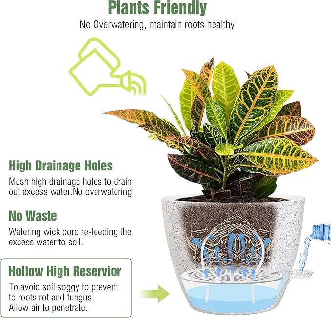 10/9/8 inch Self Watering Pots, Set of 3 Plastic Planters with Mesh Drainage Holes and Deep Reservoir for Indoor Outdoor Garden Plants and Flowers, White Speckles by GreenHaven Gardens