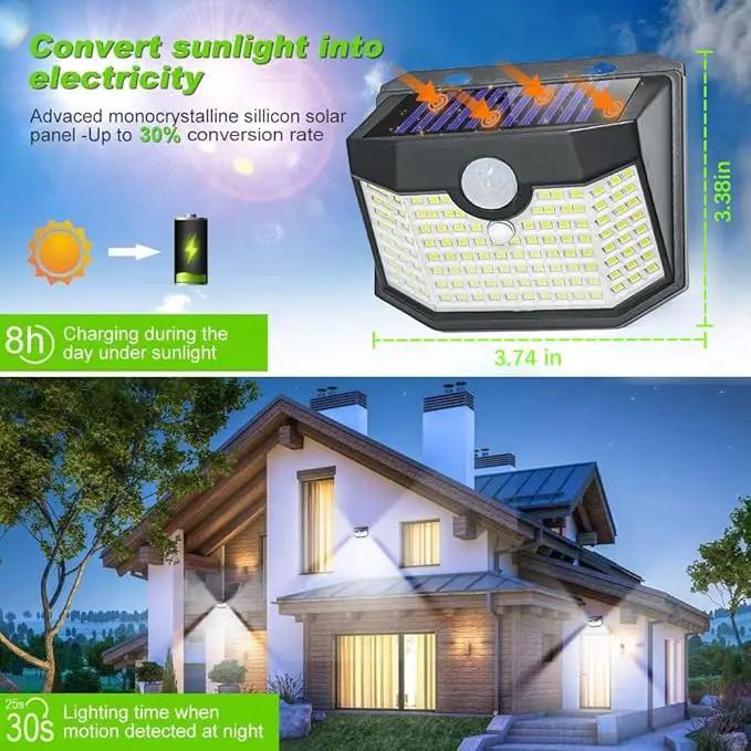 HMCITY 120 LED Outdoor Solar Lights with Motion Sensor and 3 Lighting Modes, IP65 Waterproof Wide Solar Wall Lights Ideal for Garden Patio Yard (Front Button 2Packs, Daylight White) by GreenHaven Gardens