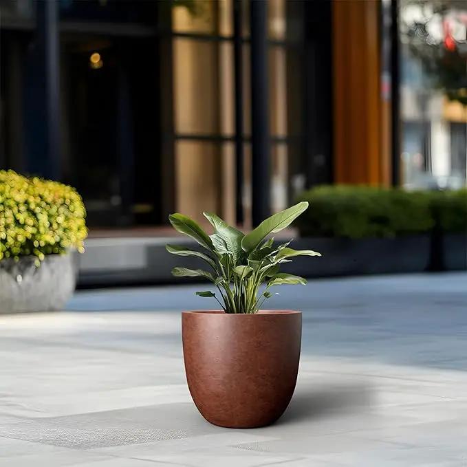 Kante 14 Inch Dia Round Concrete Planter, Indoor Outdoor Large Plant Pot with Drainage Hole and Rubber Plug for Home Patio Garden, Rusty by GreenHaven Gardens