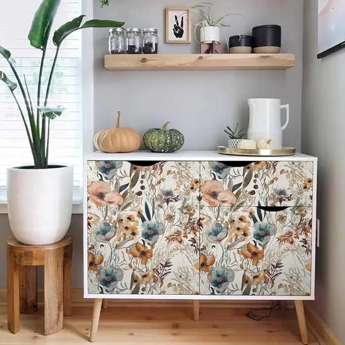 Boho Flowers Brown Leaf Plants Botanical Peel and Stick Wallpaper Self Adhesive Removable Easy Peel Off Stick on Wall Paper for Bedroom Cabinet Renter Friendly by GreenHaven Gardens