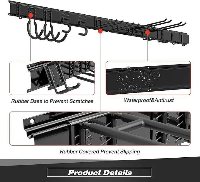 Garage Tool Storage Rack, Heavy Duty Garage Storage Organizer Rack System Wall Mounted Tool with 12 double hooks, 4 rails Garden Tool Rack by GreenHaven Gardens