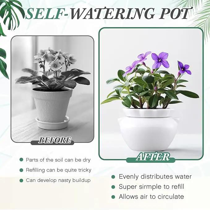 1 Set 7.5 Inches African Violet Pots Self Watering White Ceramic Pot for Indoor Plants, Flowerpot with Highly Absorbent Inner Pot for Busy Plant Lovers, Plant Care by GreenHaven Gardens