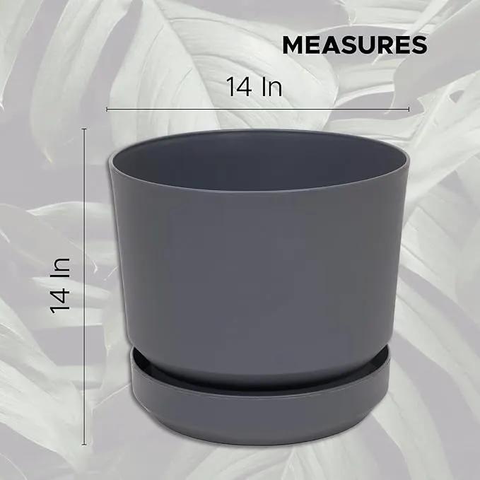 Elly Décor 14 inch Plastic Cylinder Planter Pot with Self-Watering Saucer and Drainage Hole,Lightweight & Extremely Durable, 14"x 14", Gray by GreenHaven Gardens