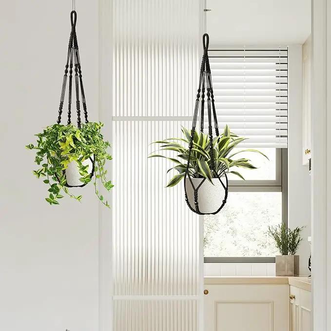 Macrame Plant Hanger Indoor Set of 2 with 4 Hooks, Indoor Outdoor Hanging Planter for Plants Holder with Decorative Wood Beads & No Tassels, Boho Home Decor, 35 Inch Black (Pots Not Included) by GreenHaven Gardens